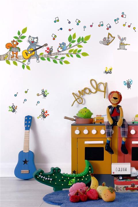 Dekor Loft Ağaçlı Müzik Orkestrası ve Gitar Çalan Kedi Çocuk Odası Duvar Sticker