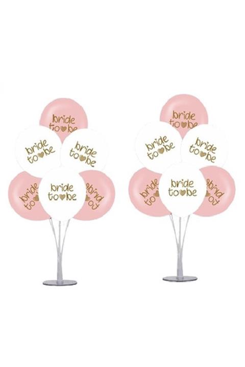 Partini Seç 2 Adet 7'li Balon Standı Ve 14 Adet Bride To Be Gold Baskılı Beyaz - Pembe Balon Set - Gelin Balonu