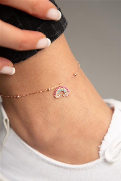 Elika Silver Kadın Rose Kaplama Top Zincir Detaylı Gökkuşağı Model 925 Ayar Gümüş Halhal