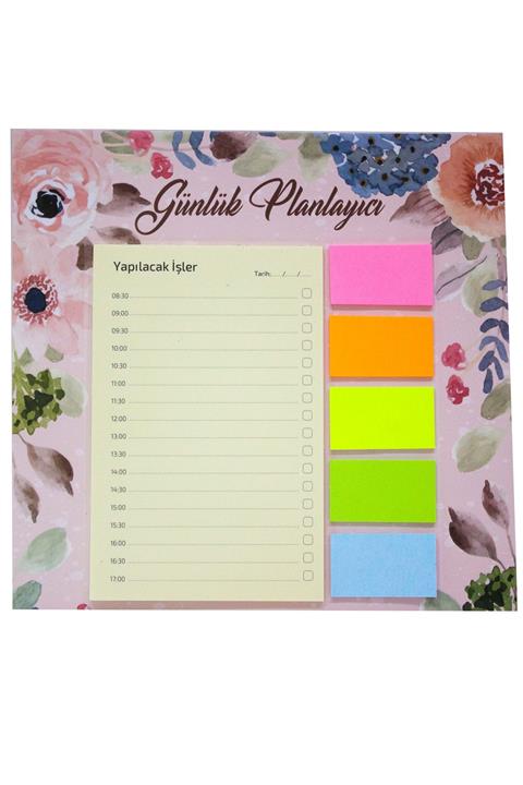 Paste Notes Pembe Çiçek Desenli Günlük Planlayıcı Not Seti