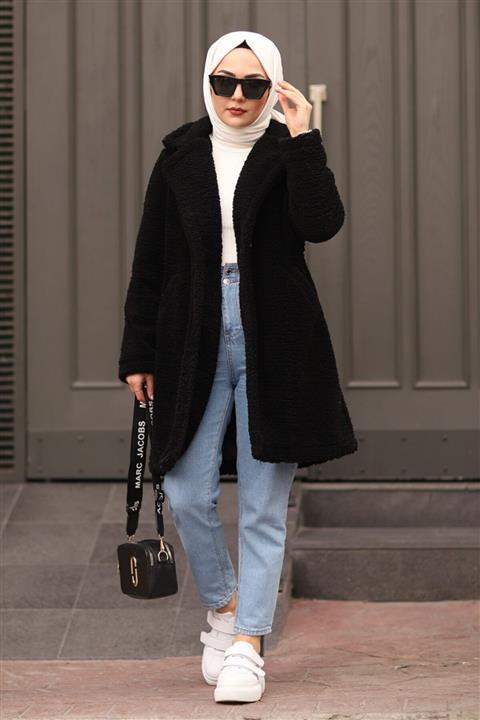 Moda Sahra Teddy Peluş Tesettür Kaban Siyah