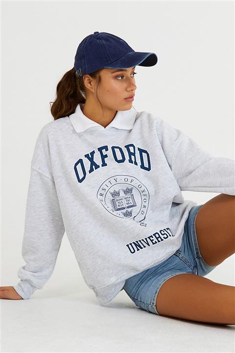 snow basic Gri Oxford Baskılı Yaka Detaylı Sweatshirt