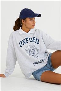 snow basic Gri Oxford Baskılı Yaka Detaylı Sweatshirt