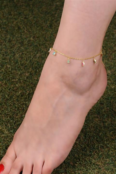 ENCİLİ SİLVER 925 Ayar Gümüş Kadın Özel Yapım Gold Renk Renkli Taşlı Halhal