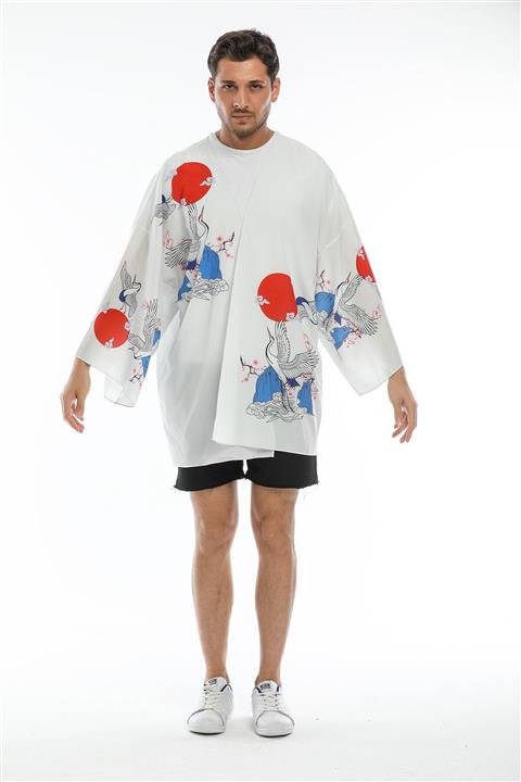 Elif Töngel Dijital Baskılı Erkek Kuş Figürlü Ve Çiçek Desenli Beyaz Unisex Kimono