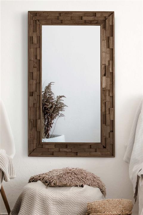 bluecape Doğal Ağaç Masif 58x98 Cm Jenga Ceviz Tahta Parçacıklı Salon Ofis Mutfak Duvar Konsol Boy Aynası