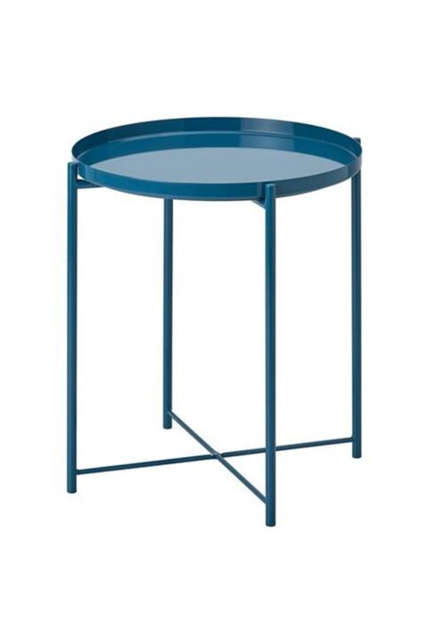 IKEA Tepsili Sehpa, Yuvarlak Mavi Renk Meridyendukkan Çıkarılabilir Tepsi - Modern Sehpa 45x53 Cm