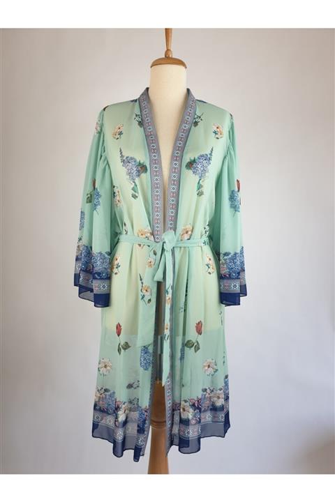 Gaia Stil Yeşil Çiçekli Şifon Kısa Şeffaf Kimono