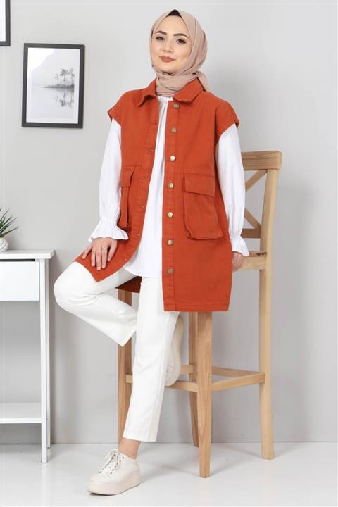 Tesettür Dünyası Torba Cep Detaylı Kot Yelek Tsd22042 Kiremit