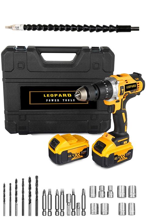 Leopard Alman Teknoloji Metal Şanzuman 48 V 6 Ah Darbeli Çift Akülü Şarjlı Vidalama Matkap 27 Pcs Set