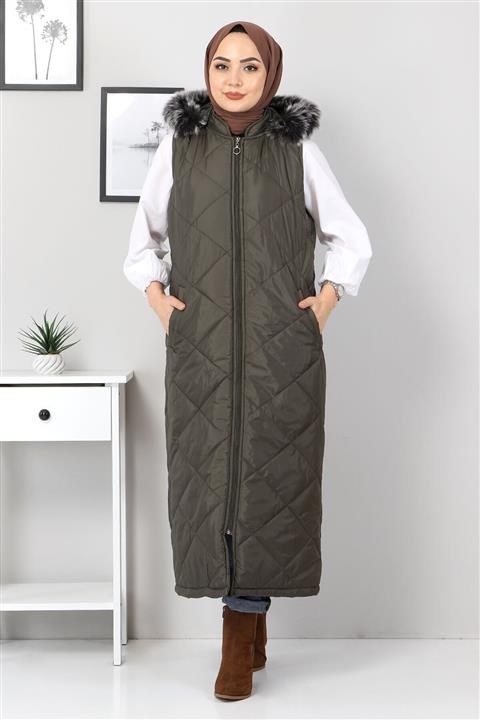 Tesettür Dünyası Tam Boy Kapitone Yelek Tsd1934 Haki