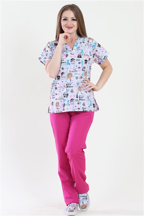 ModaCanel Moda Canel V Yaka Hemşire Doktor Desenli Forma Takım Medikal Takım