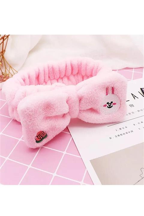 SECAR Pembe Tavşan Ve Gül Nakışlı Fiyonklu Peluş Spa Saç Bandı