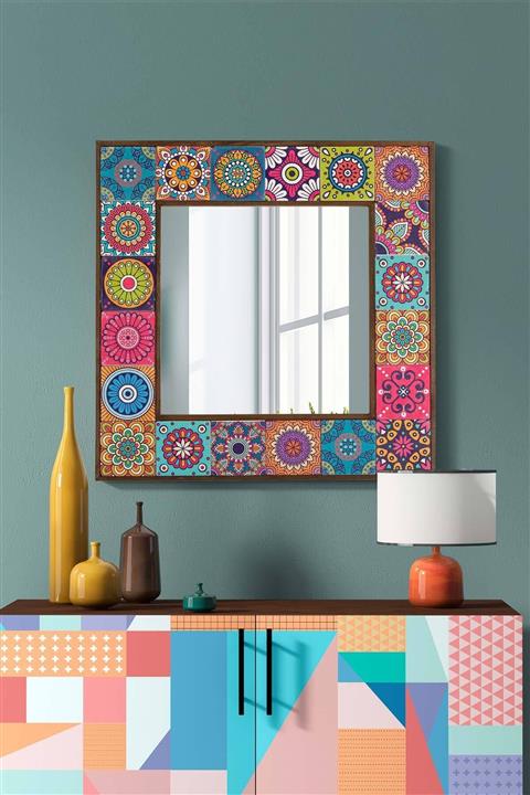 bluecape Positano Doğal Ağaç 62x62 Cm Çerçeveli Doğal Limra Taş Kaplı Salon Duvar Konsol Boy Aynası