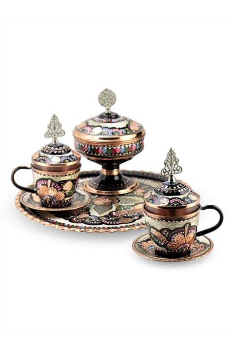MORYA 4 Parçalı Gül Çiçek Bakır Çay Ve Nescafe Takımı