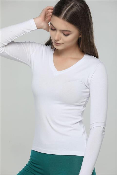 Kolcu Ece V Yaka Uzun Kollu Beyaz Badi