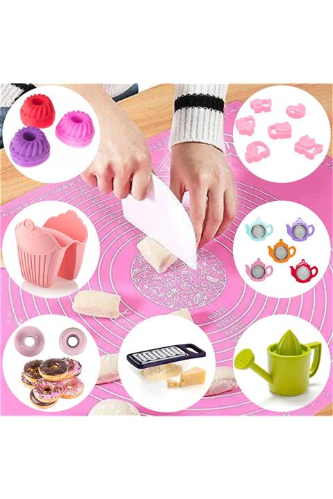 ZÜBAHOME Hamur Matı 50x40 + Kek Kurabiye Donut Kalıbı + Fırın Eldiveni + Sıkacak + Süzgeç + Rende Hamur Seti