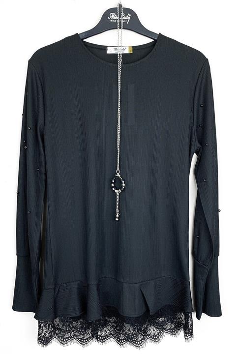 YILDIRIMSPOR Kadın Siyah Eteği Dantelli Bluz St0160