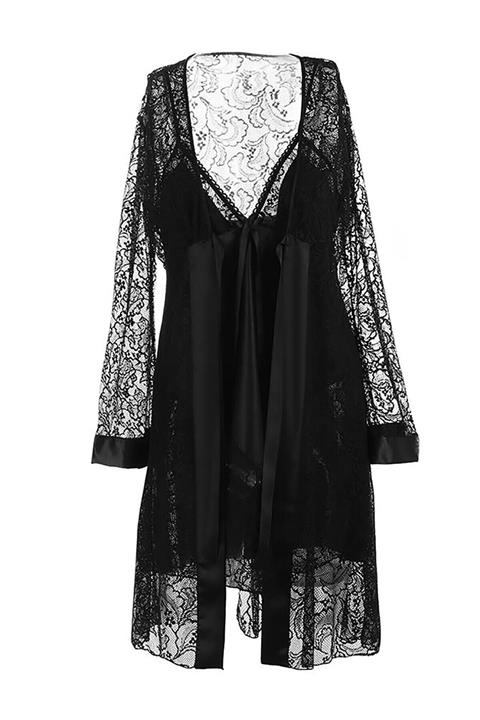 NBB Siyah Dantelli Saten Gecelik Sabahlık Takım