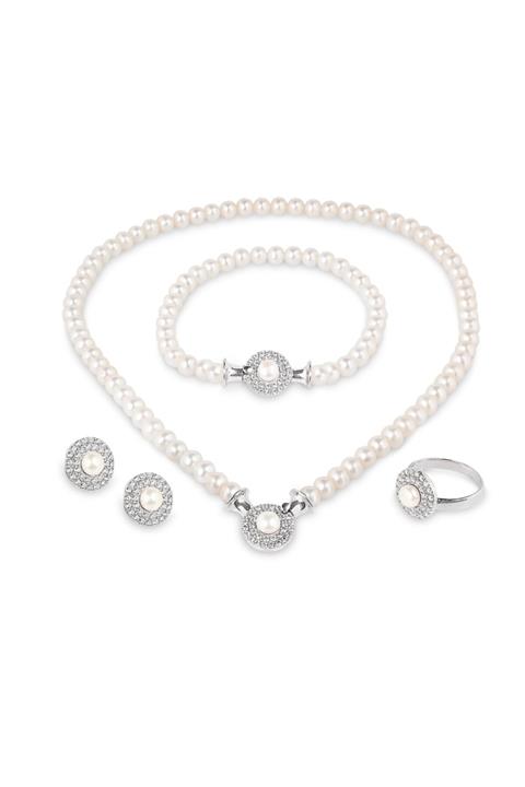 Chavin Kadın Beyaz İnci Gümüş Kolye Küpe Bileklik Yüzük Takım cp90