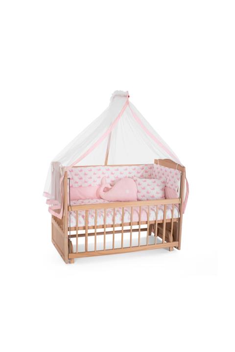 Heyner Ahşap Beşik Anne Yanı Beşik Sallanır Beşik Organik 60x120 + Pembe Balina Uyku Seti + Yatak