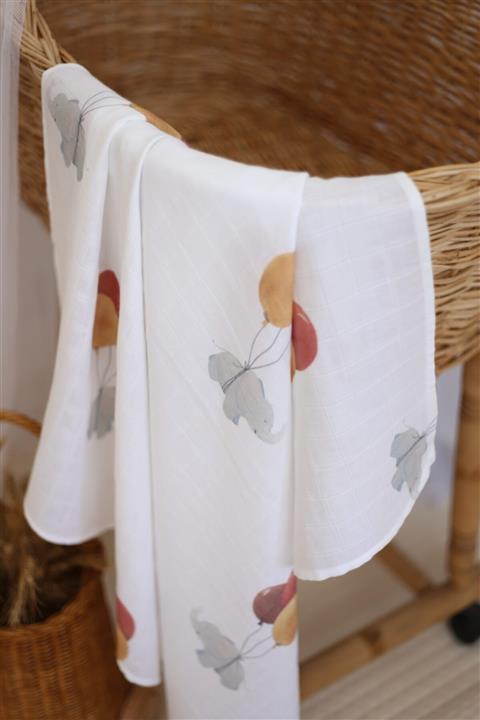 arbababy Organik Çift Kat Kareli Müslin - Fil Ve Balon Temalı