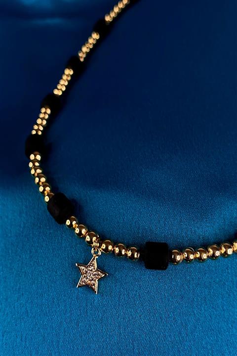 MOONİ ACCESSORİES Zirkon Taşlı Yıldız Model Siyah Boncuklu Altın Kaplama Choker Zincir Kolye