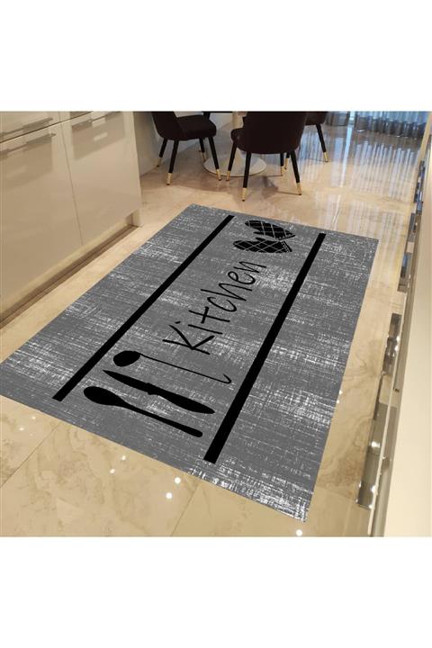 EVPANYA Gri Eskitme Kitchen Desenli Mutfak Halısı