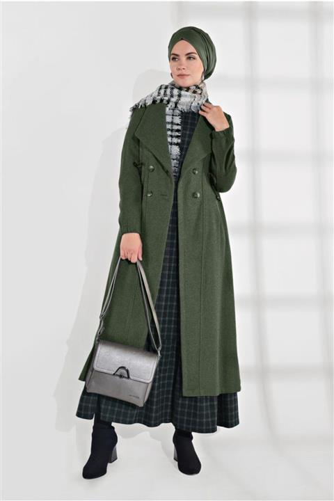 TRENDTESETTÜR Kadın Haki Beli Büzgülü Düğmeli Kaşe Kaban 4945