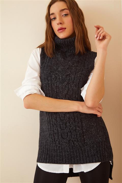 Happiness İst. Kadın Antrasit Boğazlı Yün Efektli Uzun Triko Süveter XS00019