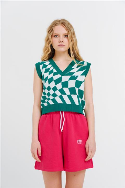 Fineapple Yeşil Beyaz Damalı V Yaka Triko Süveter