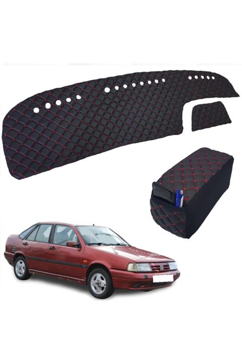 Point Fiat Tempra Uyumlu Kolçak + Göğüs Halısı Siyah Kırmızı Suni Deri