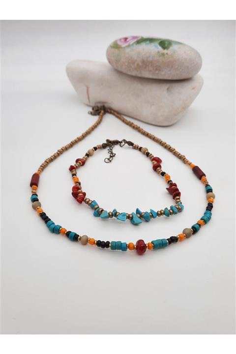 takitokaciniz Kadın Doğal Turkuaz Ve Doğal Mercandan Kolye Halhal Set