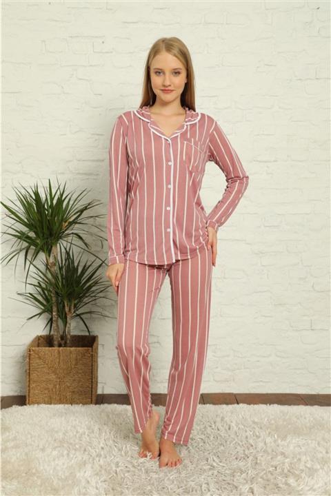 Vigenza Kadın Mürdüm Çizgili Düğmeli Biyeli Uzun Kol Pijama Takımı