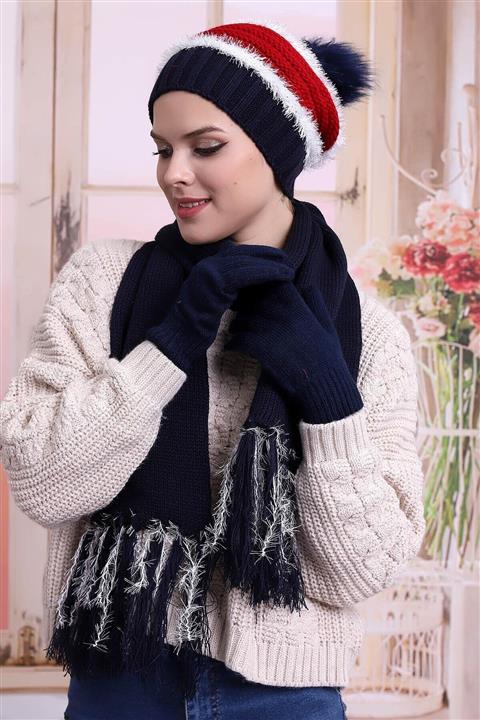 Deafox Lacivert Püskül Detaylı Atkı Bere Eldiven Seti