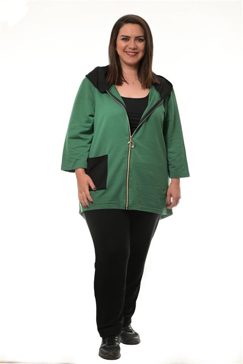 ışıltı fashion Yeşil Renkli Cepli Boydan Fermuarlı Büyük Beden Kadın Eşofman Takımı