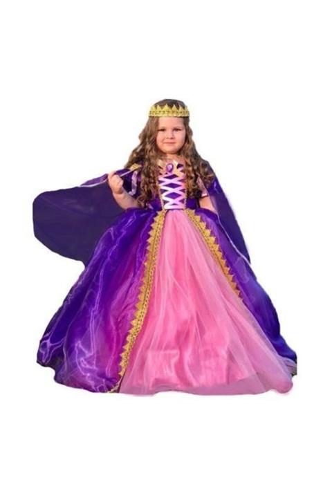 Kostümcü Teyze Rapunzel Kostüm - Taçlı Rapunzel Kostümü - Pelerinli Taclı Rapunzel Kostümü - Tarlatanlı Rapunzel