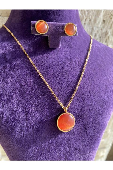 Jh Jewelry Çelik Turuncu Taşlı Küpe ve Kolye