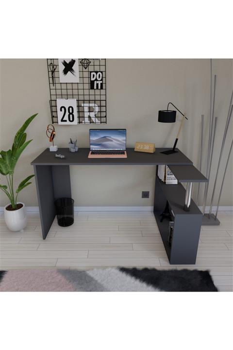 Bofigo 50x132 Cm 2 Raflı L Çalışma Masası Bilgisayar Masası Ofis Masası Ders Masası Antrasit