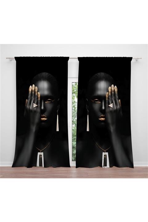 ADY DEKOR Takılı Siyah Kız Desenli Lightout Saten Fon Perde