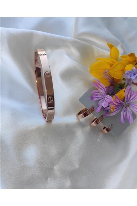 AtelierByEsra Çelik Kararmaz Cartier Rose Gold Bileklik Küpe Seti