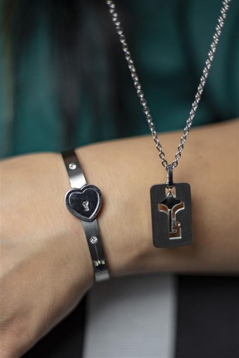 Çelik Aşk Kilidi Kadın Bileklik Ve Erkek Kolye Set