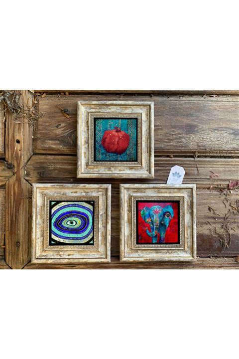 Oscar Stone Decor Çerçeveli Taş Duvar Dekoru Tablo 3'lü Set 20x20cm Nazar Göz Fil Nar Tablosu