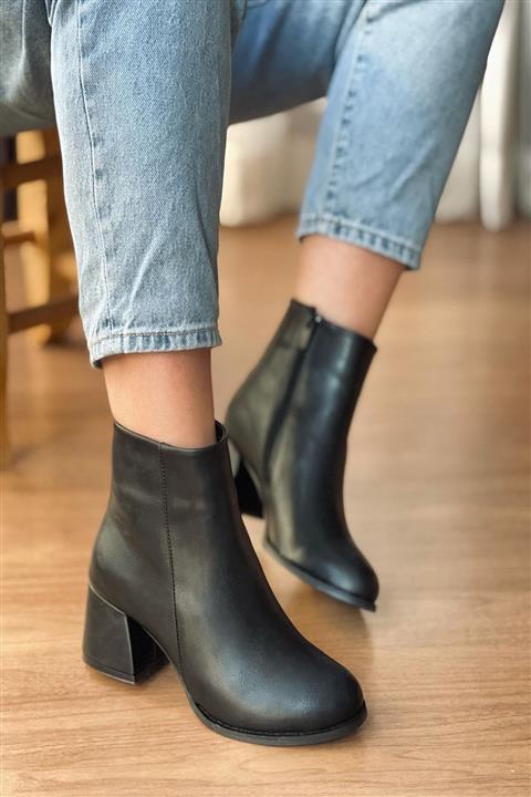 Mida Shoes Kadın Siyah Deri Yarım Bot