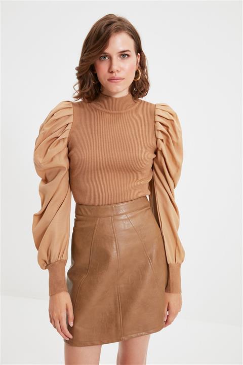 TRENDYOLMİLLA Camel Balon Omuzlu Triko Kazak TWOAW22KZ1019