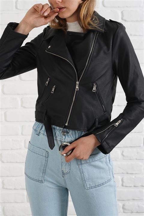 Manga Kadın Siyah Fermuarlı Deri Mont