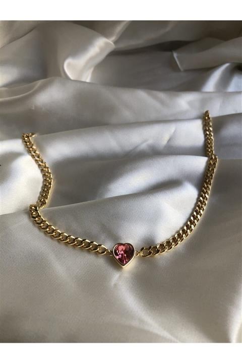 Claritas Takı Altın Kaplama Kırmızı Kalp Swarovski Taşlı Chocker Kolye