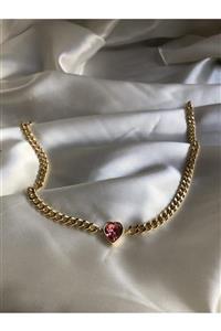 Claritas Takı Altın Kaplama Kırmızı Kalp Swarovski Taşlı Chocker Kolye