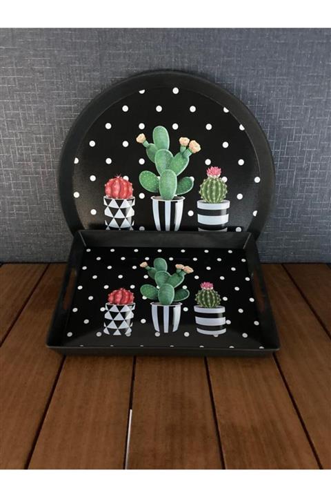 Çavdar Group 2 Adet Siyah Kaktüs Desenli 2 Li Tepsi Seti Yuvarlak Dikdörtgen Tepsi Seti Çay Kahve Servis Tepsi