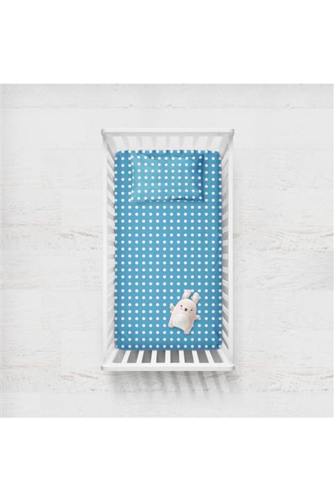 Wheeppo Pamuk Ranforce Lastikli Çarşaf Seti - Mavi Puanlı - 70x140+35x45